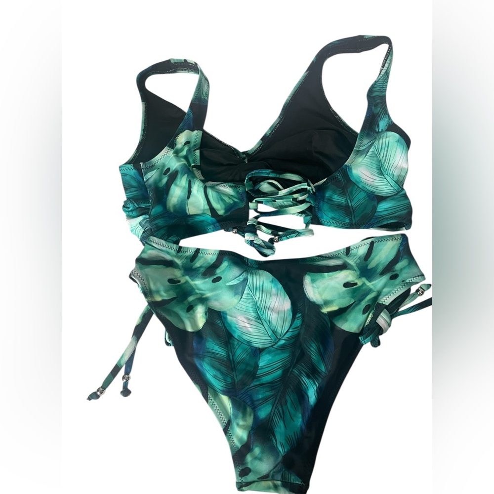 Cupshe Teal Green Tropical Leaf Print Bikini Sz L New w/Tags